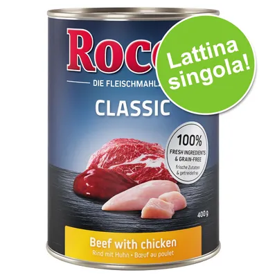 Rocco Classic Beef with chicken, lattina singola 400 g. Testo visibile: 100% fresh ingredients & grain-free. Immagine di carne di manzo e pollo sulla confezione. Rocco Classic Beef with chicken, lattina singola 400 g. Testo visibile: 100% fresh ingredients & grain-free. Immagine di carne di manzo e pollo sulla confezione.