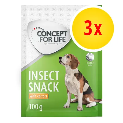 CONCEPT FOR LIFE Insect Snack with carrots, 100 g, confezione da 3. Immagine di un cane su sfondo verde. Testo visibile: No added grains.
