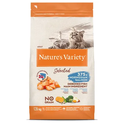 Nature's Variety Selected Adult macskaeledel 375 g norvég lazaccal, filézve. Fő összetevő: hal, gabonamentes. Súly: 1,25 kg.