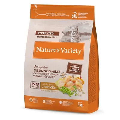 Zak Nature's Variety kattenvoer, Sterilized Neutered/Adult, 1e ingrediënt ontbeend vlees, graanvrij, met kip, 3 kg. Tekst: eiwit, kwaliteit, verteerbaarheid.