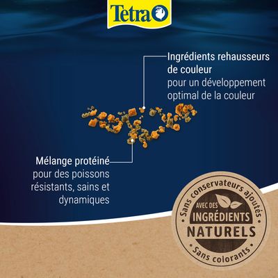 Tetra. Mélange de protéines pour des poissons résistants, sains et dynamiques. Ingrédients rehausseurs de couleur pour une expression optimale des couleurs. Avec des ingrédients naturels, sans additifs ni colorants.