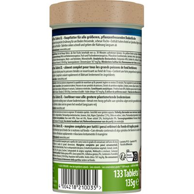Tetra Pleco Tablets XL hoofdvoer voor grotere, plantaardig etende bodembewoners. Analytische bestanddelen: ruw eiwit 40%, ruw vet 6%, ruwe vezel 2%. 133 tabletten, 135 g.
