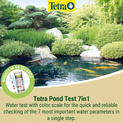 Tetra Pond Test 7in1, vattentest med färgskala för snabb kontroll av de 7 viktigaste vattenparametrarna i ett enda steg. Resultat på 60 sekunder.