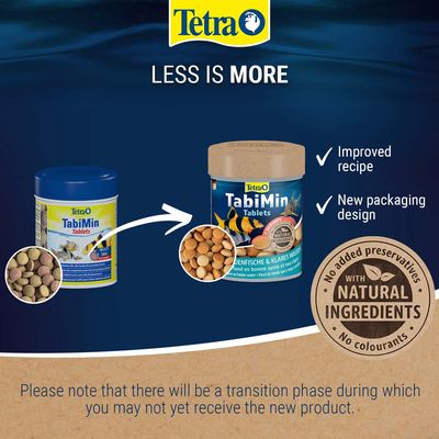 Tetra TabiMin Tablets old and new packaging shown. Text: Less is more, improved recipe, new packaging design, no added preservatives, with natural ingredients, no colourants.