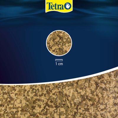 Tetra Flake Food, detailed view of the flakes with scale: 1 cm.