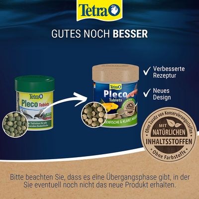 Tetra Pleco Tablets mit verbessertem Rezept und neuem Design. Ohne Zusatz von Konservierungsstoffen, mit natürlichen Inhaltsstoffen, ohne Farbstoffe. Übergangsphase möglich.
