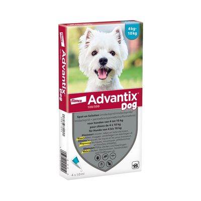 Elanco Advantix spot-on oplossing voor honden 4–10 kg, elimineert vlooien, teken en luizen. Bevat imidacloprid en permethrine. Verpakking met 6 x 1,0 ml pipetten.