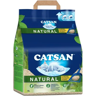 Catsan Natural klumpande kattsand, 8L. 100% biologiskt nedbrytbar, tillverkad av förnybara råvaror. Lätt att öppna. Snabb och fast klumpbildning.