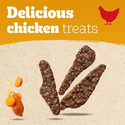 Delicious chicken treats, three brown strips shown with sweet potato and grain illustrations, text reads 'Delicious chicken treats' with a red chicken icon top right.