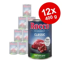 Rocco Classic Beef with game, 12 x 400 g dåser. Synlig tekst: 100% fresh ingredients & grain-free, Rind mit Wild, 400 g.