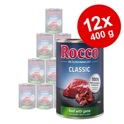 Rocco Classic Beef with game, 12 x 400 g dåser. Synlig tekst: 100% fresh ingredients & grain-free, Rind mit Wild, 400 g. Rocco Classic Beef with game, 12 x 400 g dåser. Synlig tekst: 100% fresh ingredients & grain-free, Rind mit Wild, 400 g.