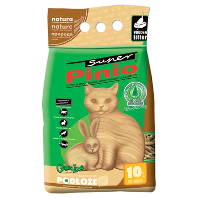 Super Pinio Holzstreu, 100% natürlich, geeignet für Katzen, Vögel und Reptilien. Verpackung mit 10L Inhalt, Eco-Friendly Zertifikat, natürlicher Holzduft.