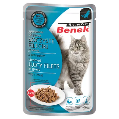 Super Benek, dusené šťavnaté filety v omáčke s pstruhom. 82 % podiel mäsa. Bez umelých aróm alebo konzervantov. Pre zdravú pokožku a trávenie.