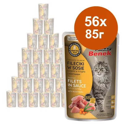 56 пауча по 85 г Benek Fileciki w Sosie за котки, с пуешко и облепиха. Видими надписи: Grain Free Recipe, Steamed Filets in Sauce, 88% продукти от животински произход.