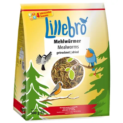 Lillebro Mehlwürmer Mealworms getrocknet dried, 500 g. Billede af tørrede melorme i pose med fugleillustrationer og teksten '4 Jahreszeiten Seasons'.