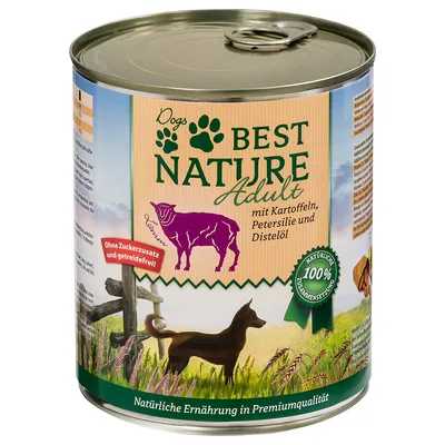 Boîte Dogs Best Nature Adult, texte visible : mit Kartoffeln, Petersilie und Distelöl, Ohne Zuckerzusatz und getreidefrei, 100 % natürliche Zusammensetzung. Illustration chien et mouton.