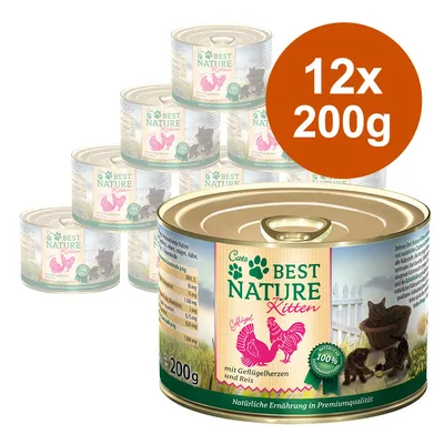 Best Nature Kitten, 12x200g puszek z sercami drobiowymi i ryżem. Naturalne żywienie premium dla kotów. Analiza: białko 11%, tłuszcz 5%, wilgotność 80%.
