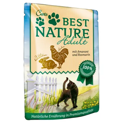 Sachet Best Nature Adult Cats, texte visible : mit Amarant und Rosmarin, 100 % natürliche Zusammensetzung, Wildkaninchen, Huhn. Texte en allemand sur l’alimentation naturelle.