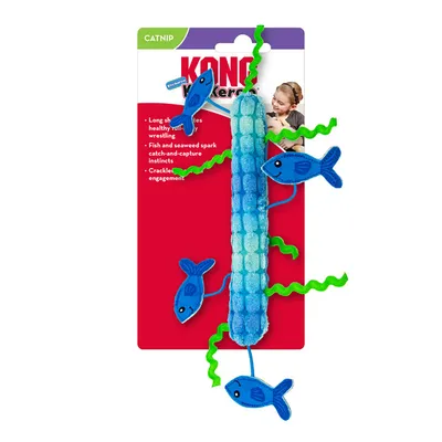 KONG Wickers toy with catnip, blue design with fish and green algae. Encourages hunting and grabbing instincts, crinkly material for interactive play.