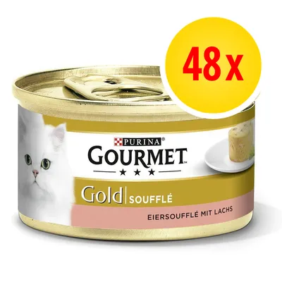 Purina Gourmet Gold Soufflé eiersoufflé mit lachs, afbeelding van een witte kat en soufflé op bord, voordeelverpakking 48x