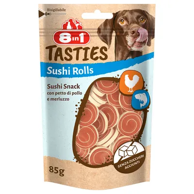 8 in 1 Tasties Sushi Rolls, sushi snack with chicken breast and cod, 85g pack, no added sugars, resealable packaging shown. 8 in 1 Tasties Sushi Rolls, sushi snack with chicken breast and cod, 85g pack, no added sugars, resealable packaging shown.