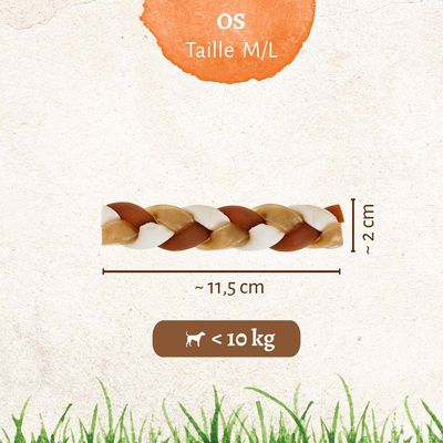 Os tressé taille M/L, dimensions visibles : environ 11,5 cm de long et 2 cm de large. Indication pour chiens de moins de 10 kg.