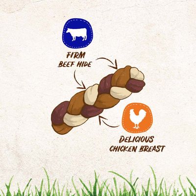 Illustration showing a braided treat made from firm beef hide and delicious chicken breast, with arrows highlighting each ingredient.