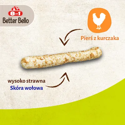 8in1 Better Bello. Pierś z kurczaka, wysoko strawna skóra wołowa. Przysmak w formie pałeczki z widocznymi składnikami opisanymi na grafice.