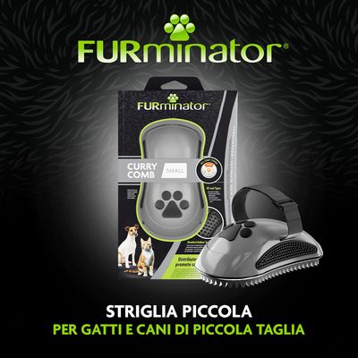 furminator Curry Comb Small, Striglia piccola per gatti e cani di piccola taglia. Immagine del prodotto con confezione e pettine, adatta a tutti i tipi di pelo.