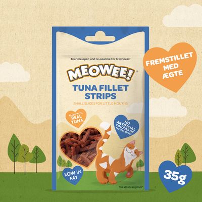 Meowee! Tuna Fillet Strips. Små stykker til små munde, lavet med ægte tunfisk. Uden kunstige farvestoffer eller konserveringsmidler. Fedtfattig.