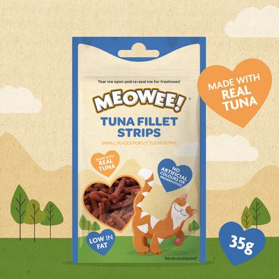 Meowee! Tuna Fillet Strips. Små bitar för små munnar, tillverkade med äkta tonfisk. Utan konstgjorda färgämnen eller konserveringsmedel. Fettsnålt.
