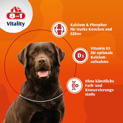 8in1 Vitality Calcium Tablets, tägliche Ergänzung für Zähne und Knochenpflege. Kalzium-Tabletten mit Zahnsymbol auf der Verpackung.