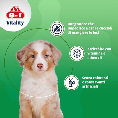 8in1 Vitality Deter complemento alimentare quotidiano, aiuto comportamentale, 100 compresse. Etichetta verde con immagine di cane e simbolo contro comportamenti indesiderati.