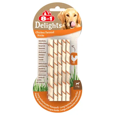 8in1 Delights Chicken Twisted Sticks, smakelijke kipfilet binnenin, langdurig kauwplezier, voor honden boven 1 kg.