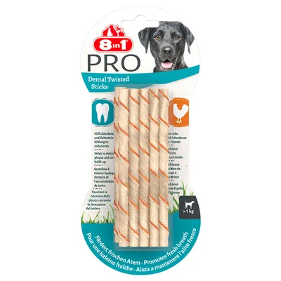 8in1 PRO Dental Twisted Sticks. Hjälper till att minska plack och tandstensbildning. Främjar frisk andedräkt. För hundar över 1 kg. Med kycklingbröst.