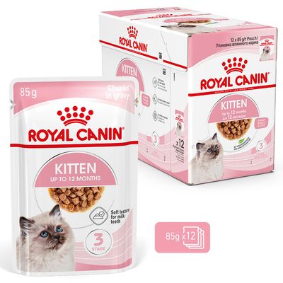 Royal Canin Kitten up to 12 months, 85g pouch, pack of 12, tender chunks in gravy, suitable for milk teeth, stage 3.