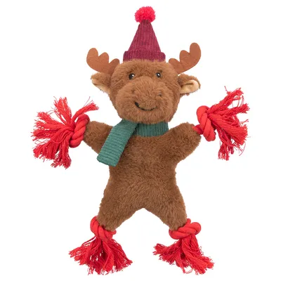 Plush elk toy with green scarf, red hat and red rope tassels on arms and legs.