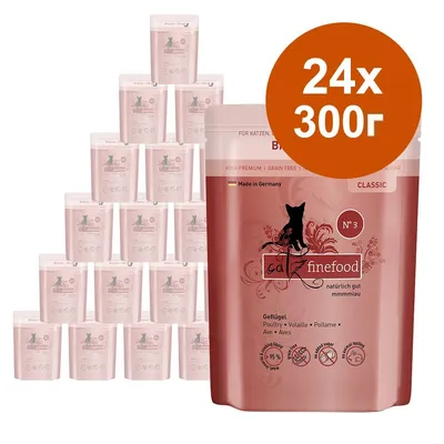 catz finefood Classic №3, 24 пакета по 300 г. Видими надписи: Made in Germany, Geflügel, Poultry, Volaille, Pollame, Ave, Aves. Изображение на котка върху опаковката.