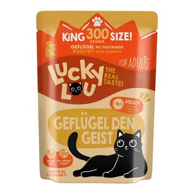 Lucky Lou птиче месо с пащърнак за възрастни котки, King 300 грама, >96% месо, без добавена захар, без зърнени, произведено в Германия.