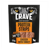 Crave protein strips, chicken with turkey flavour, made with 100% natural chicken and turkey, 55g pack.