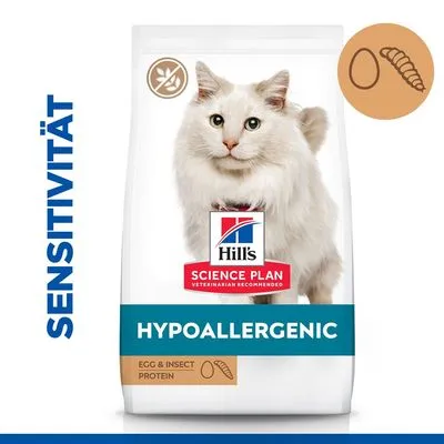 Hill's Science Plan Hypoallergenic kattenvoer, ei- en insectenproteïne, tekst: SENSITIVITÄT, afbeelding van kat op de verpakking. Hill's Science Plan Hypoallergenic kattenvoer, ei- en insectenproteïne, tekst: SENSITIVITÄT, afbeelding van kat op de verpakking.