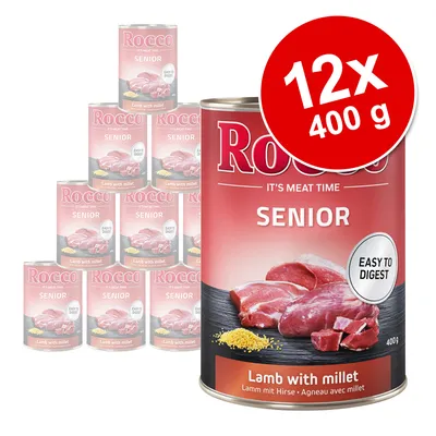 Rocco Senior Lamm mit Hirse, 12 Dosen à 400g, Aufschrift: Easy to digest, It's meat time, Produktabbildung mit Fleisch und Hirse