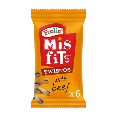 Misfits Twistos with beef, pack of 6 sticks shown on packaging. Misfits Twistos with beef, pack of 6 sticks shown on packaging.
