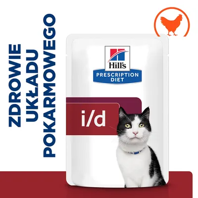 Hill's Prescription Diet i/d, opakowanie z kotem, napis: zdrowie układu pokarmowego, symbol kurczaka w prawym górnym rogu. Hill's Prescription Diet i/d, opakowanie z kotem, napis: zdrowie układu pokarmowego, symbol kurczaka w prawym górnym rogu.
