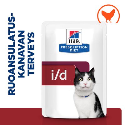 Hill's Prescription Diet i/d -pussiruoka kissalle, teksti: ruoansulatuskanavan terveys, kanasymboli yläkulmassa. Näkyvissä tuotepakkaus ja osa kissan kuvasta.