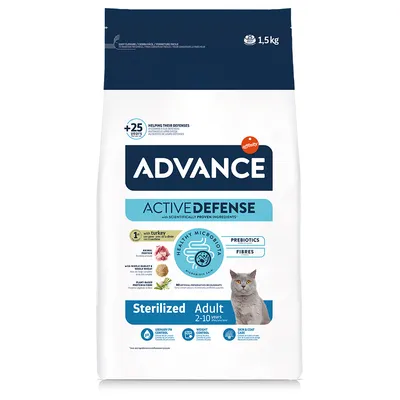 Advance Active Defense Sterilized Adult 2–10 years με γαλοπούλα, 1,5 kg. Εμφανίζεται γάτα και ενδείξεις: prebiotics, fibres, urinary pH control, weight control, skin & coat care.