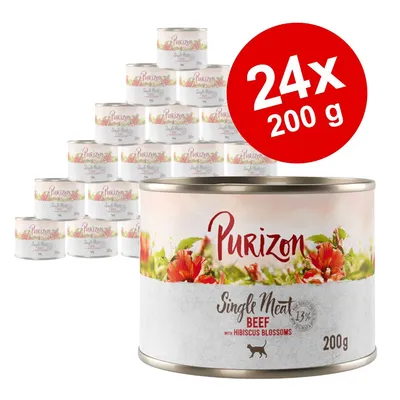 Purizon Single Meat Beef with Hibiscus Blossoms, balenie 24×200 g konzerv. Viditeľný nápis Purizon, Single Meat, Beef, 13 %, 200 g a obrázok kvetov ibišteka.