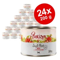 Purizon Single Meat Beef with Hibiscus Blossoms, 24 Dosen à 200g, Abbildung der Produktdosen mit rotem Hinweisfeld '24x 200g'