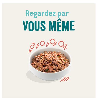 Bol avec de la nourriture humide, texte en français : « Regardez par VOUS MÊME ».