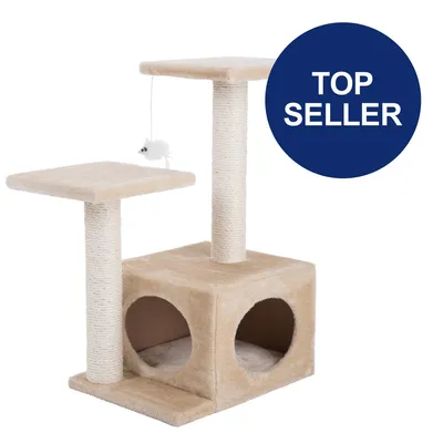Kratzbaum mit zwei Plattformen, Höhle und Spielzeugmaus. Beige Farbe. Blauer Kreis mit Text 'Top Seller'.